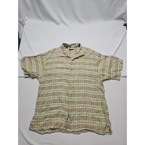 Burberry Other - Vtg Burberry Men's Short Sleeve Linen Button Up Green Beige Check USA Made Sz XL